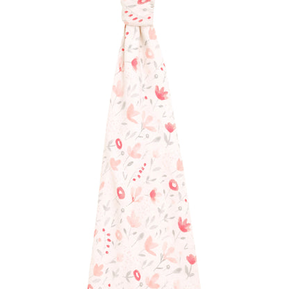 Unfolded aden + anais Comfort Knit™ Swaddle Blanket in Perennial print. Soft cream background with pink floral pattern.

Image 2:
