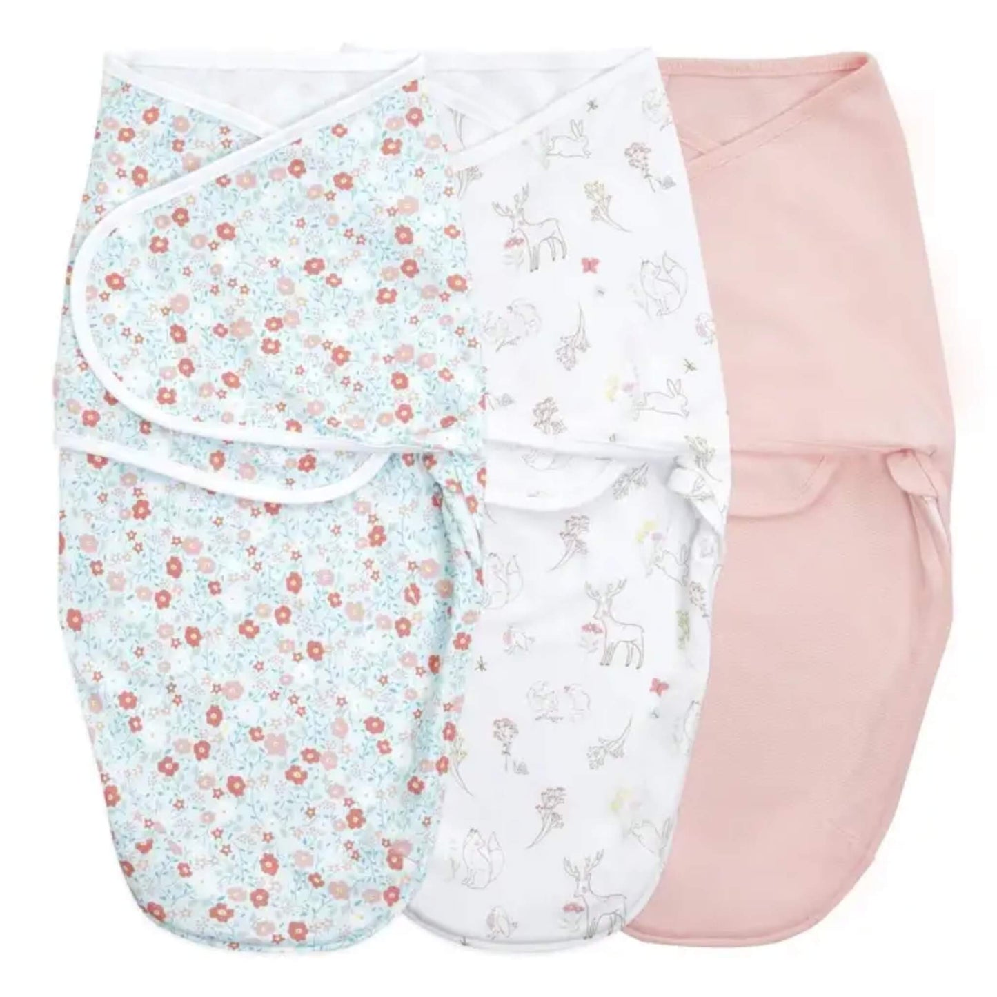 Three aden + anais Easy Wrap Swaddles in Fairy Tale Flowers prints, folded and stacked side by side.