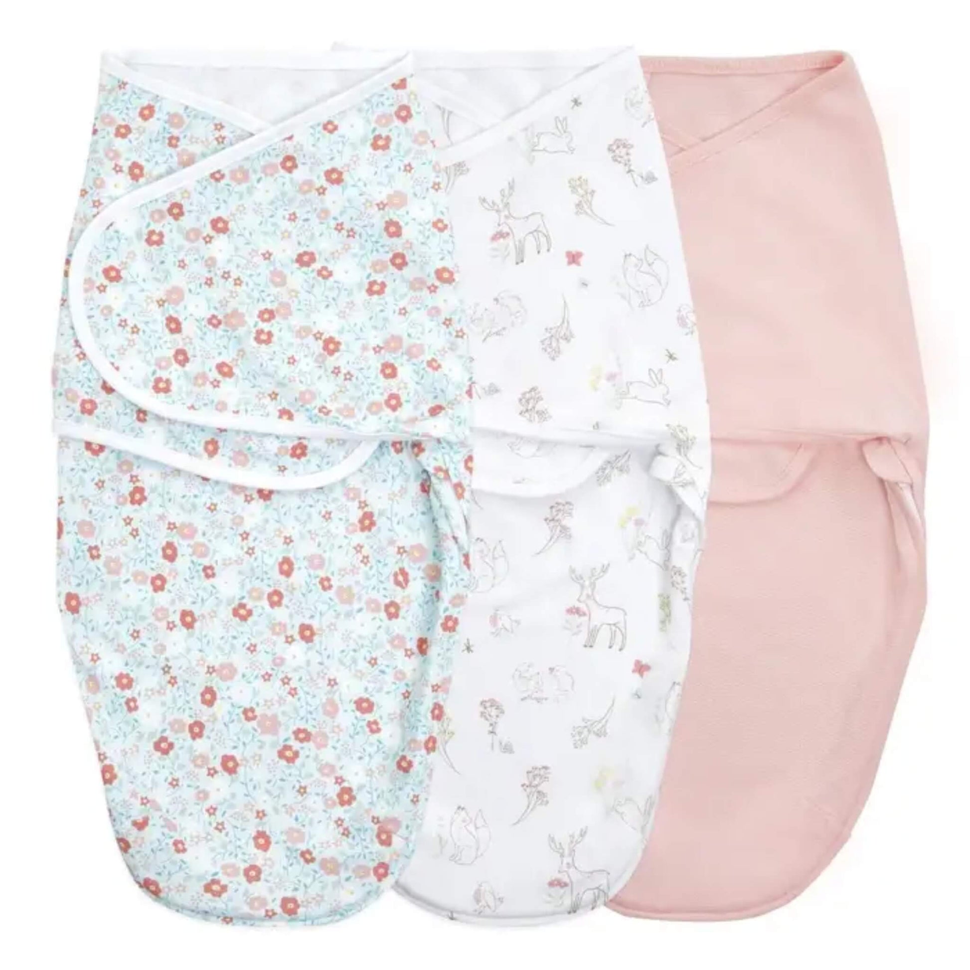 Three aden + anais Easy Wrap Swaddles in Fairy Tale Flowers prints, folded and stacked side by side.