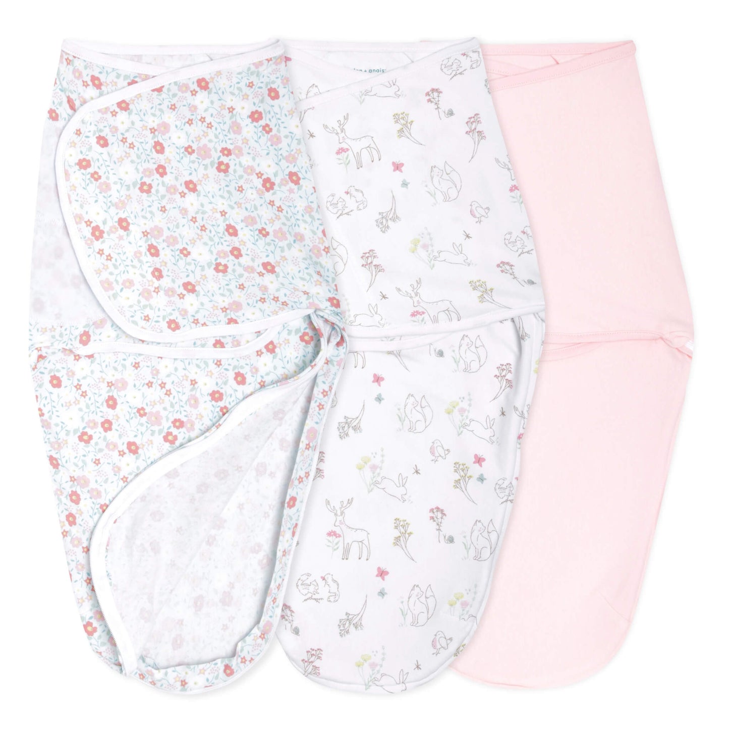 aden + anais swaddle wraps in floral, woodland animal, and blush pink prints, opened flat to show inner shape.