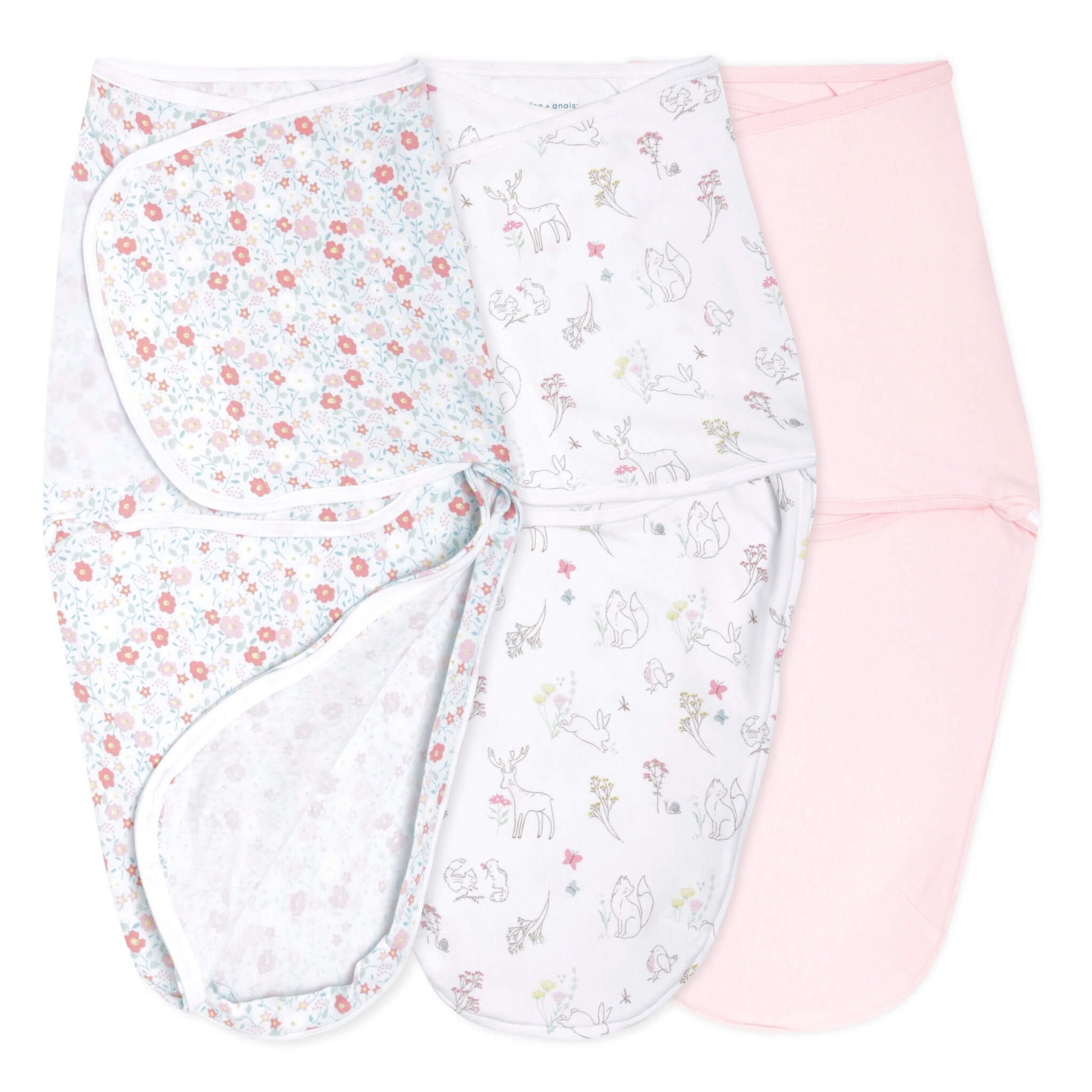 aden + anais swaddle wraps in floral, woodland animal, and blush pink prints, opened flat to show inner shape.