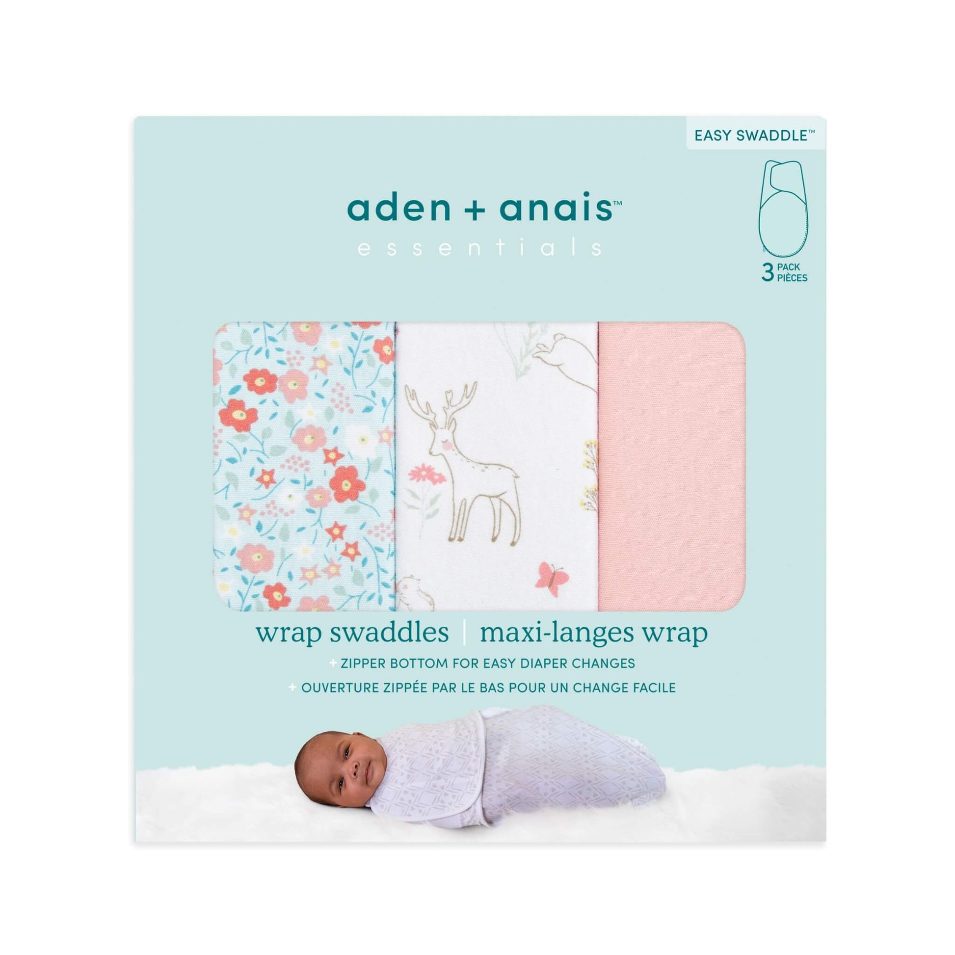 Retail box of aden + anais Essentials Wrap Swaddles 3-Pack in Fairy Tale Flowers design with a sleeping baby.