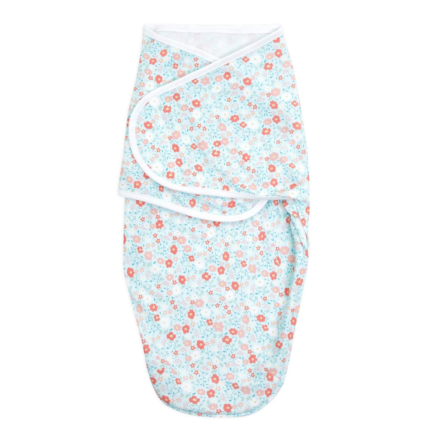 aden + anais swaddle wrap with light blue floral print and white trim, folded and secured.