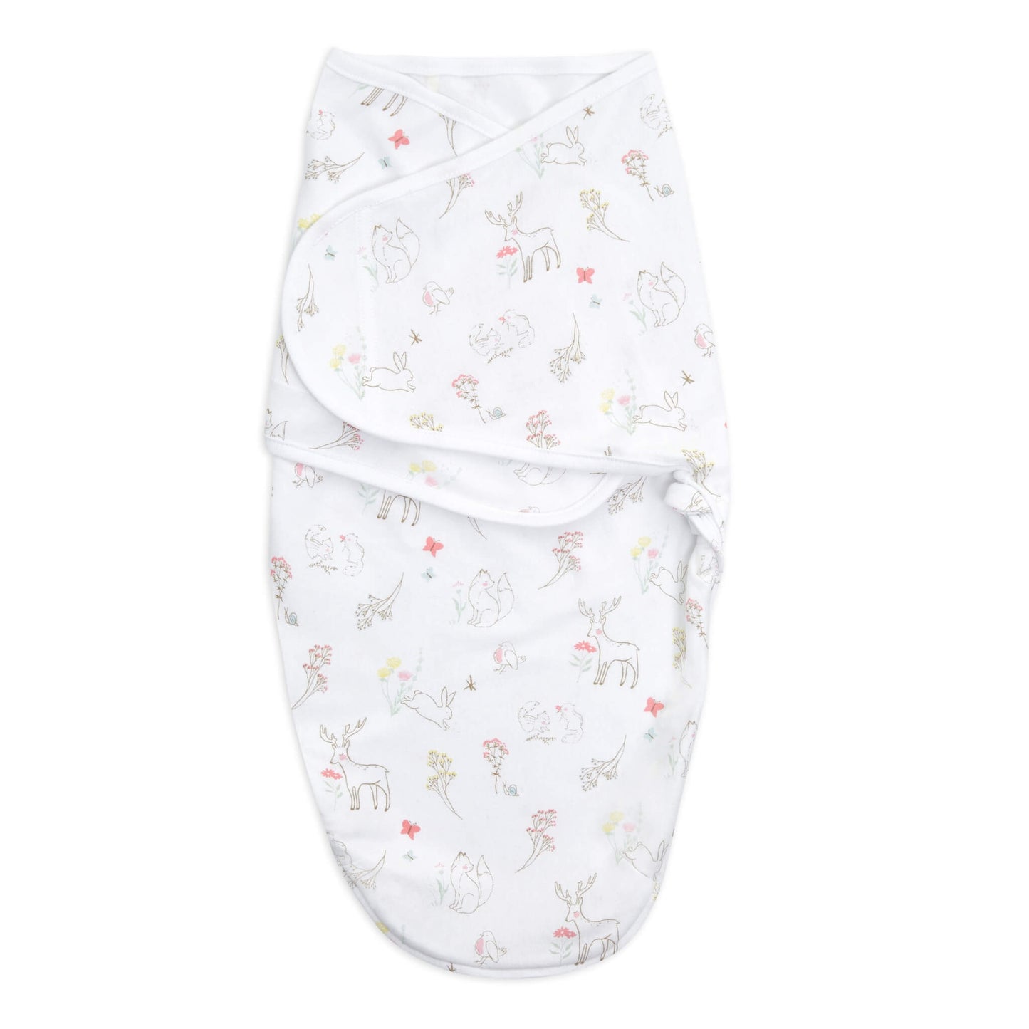 aden + anais baby swaddle with woodland creatures and pastel flowers on a white background, folded and fastened.
