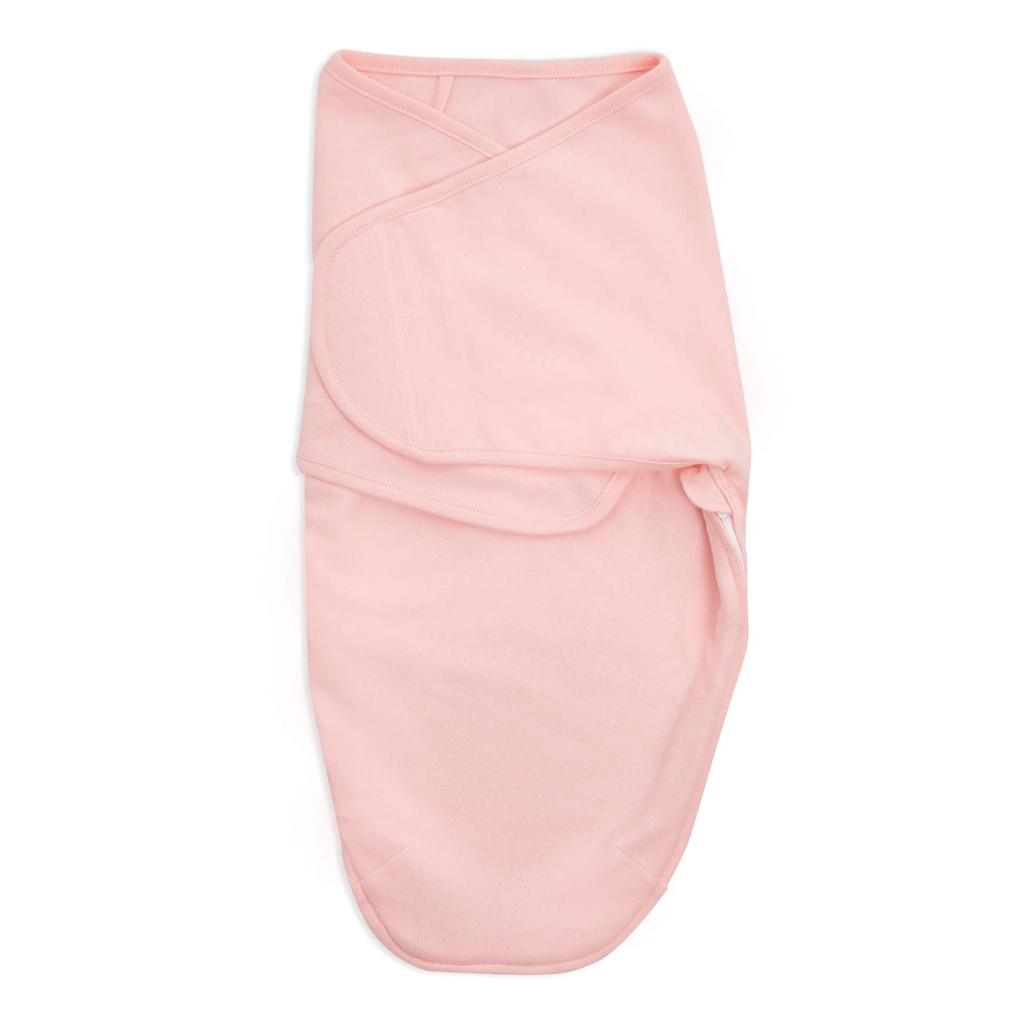 Solid blush pink aden + anais cotton swaddle wrap, folded with hook-and-loop fastener visible.