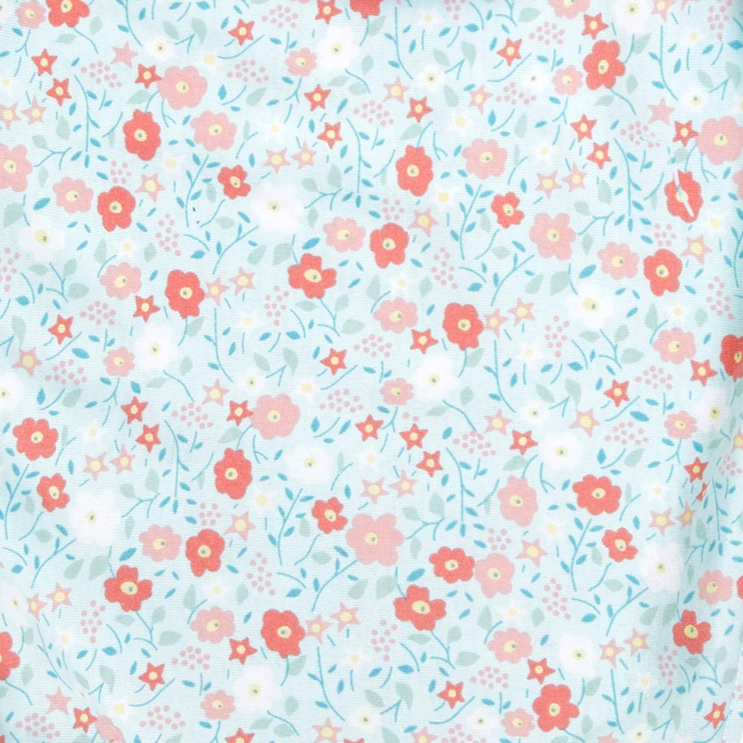 Close-up of aden + anais floral print fabric with red, pink, and white flowers on a light blue background.