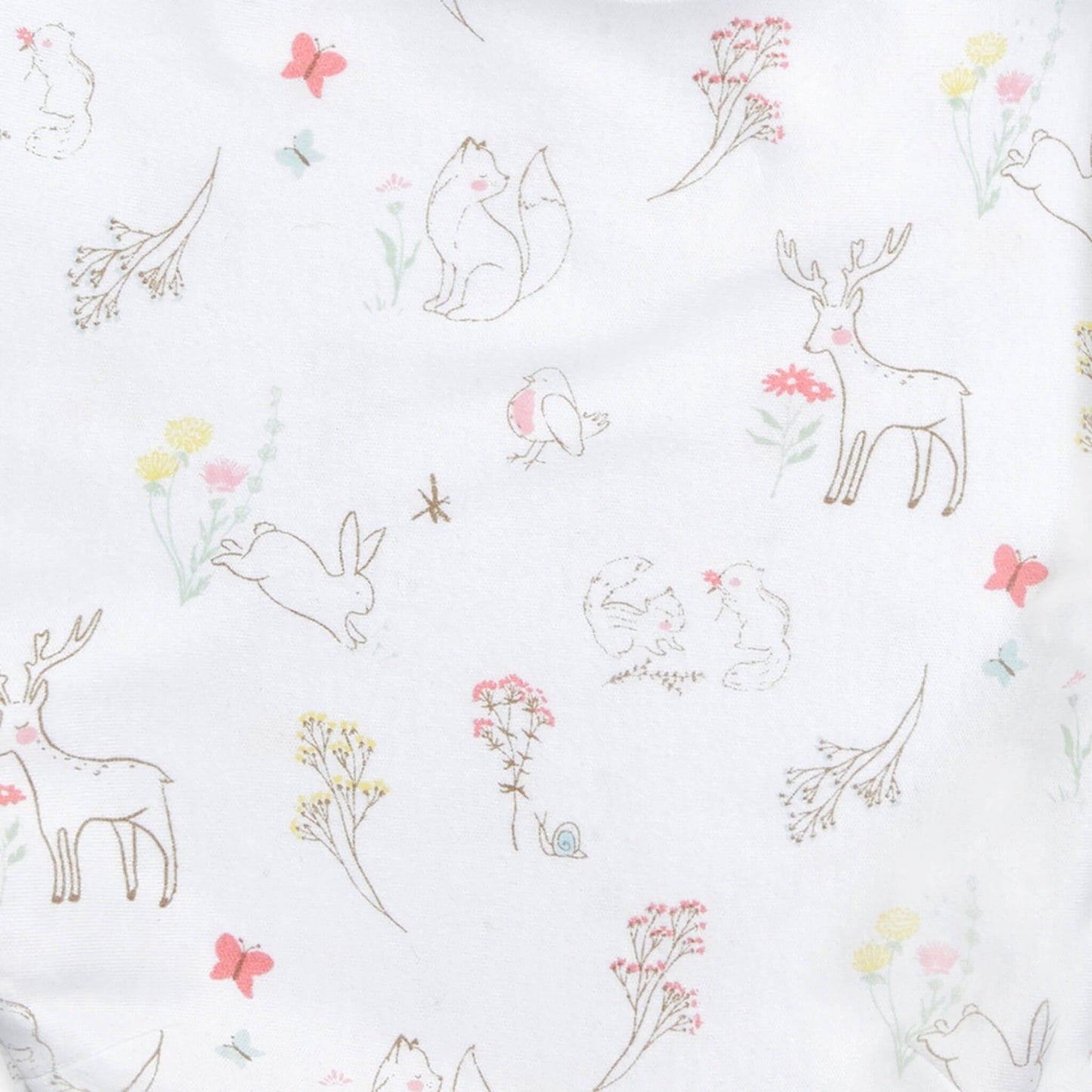 Close-up of woodland animal print on aden + anais swaddle featuring deer, bunnies, and birds with pastel floral accents.