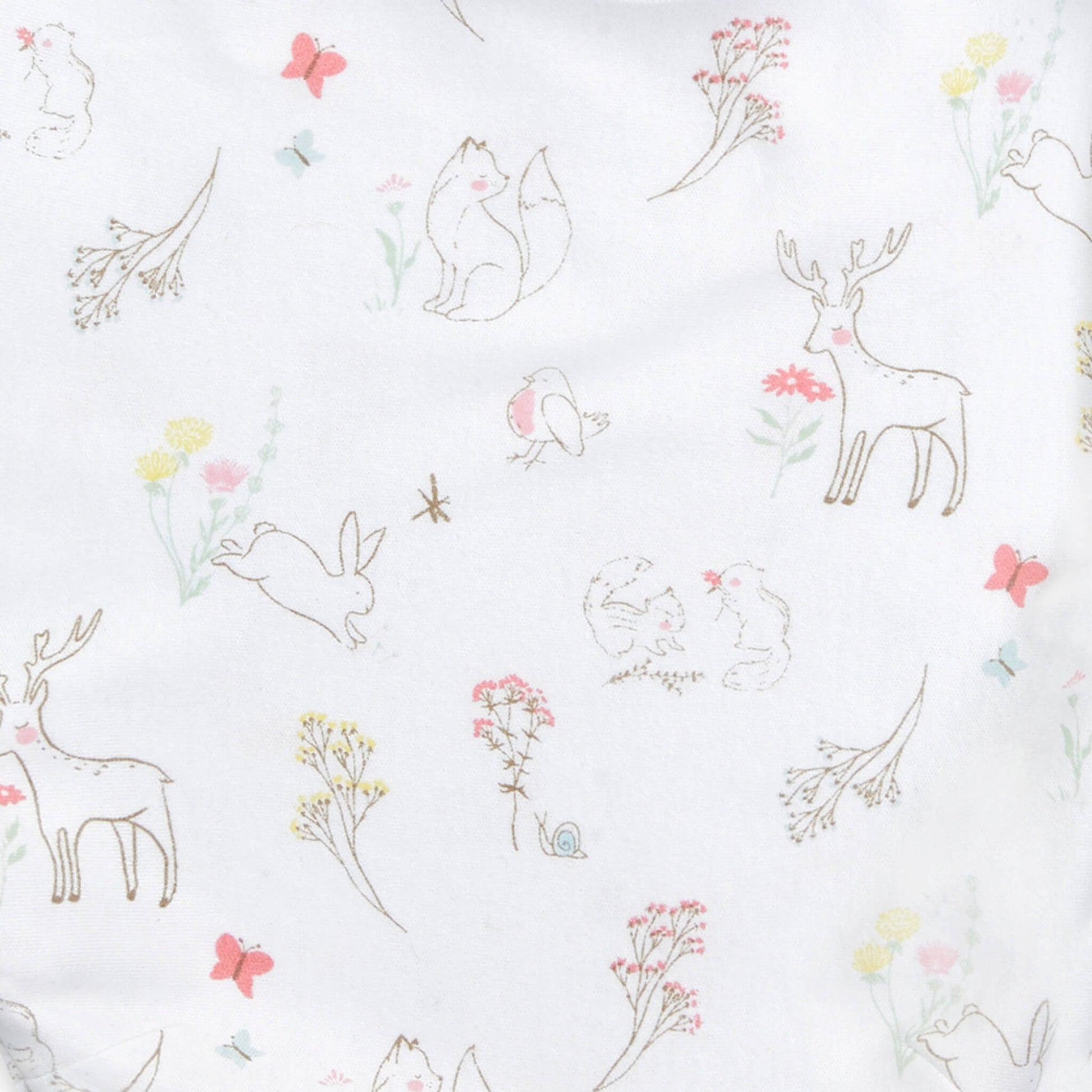 Close-up of woodland animal print on aden + anais swaddle featuring deer, bunnies, and birds with pastel floral accents.