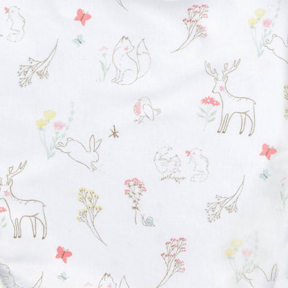 Close-up of woodland animal print on aden + anais swaddle featuring deer, bunnies, and birds with pastel floral accents.