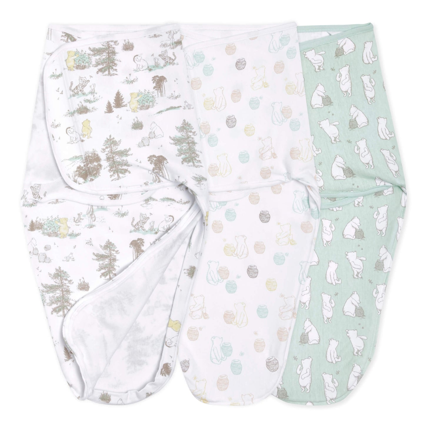 Aden + Anais Essentials Disney Baby Easy Swaddle 3-Pack featuring wrap swaddles with Winnie the Pooh designs in forest, honey pot, and green bear prints.