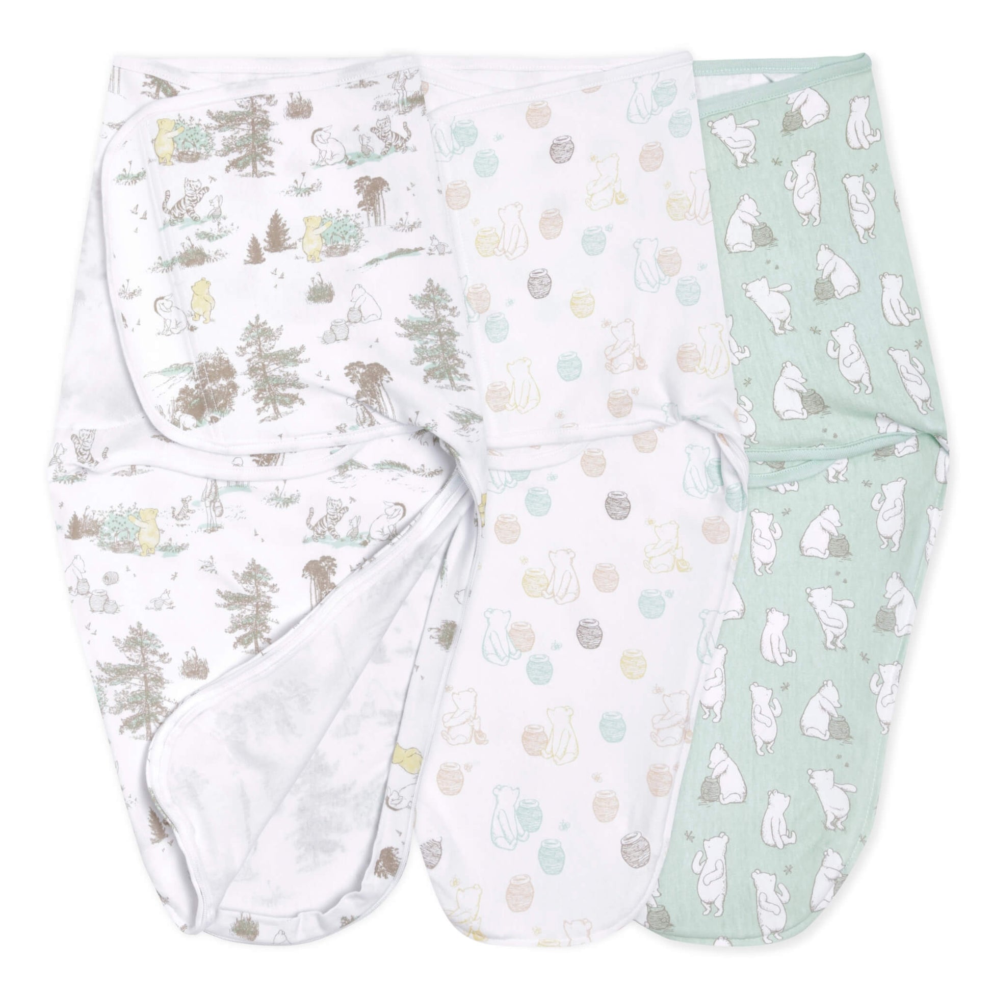 Aden + Anais Essentials Disney Baby Easy Swaddle 3-Pack featuring wrap swaddles with Winnie the Pooh designs in forest, honey pot, and green bear prints.