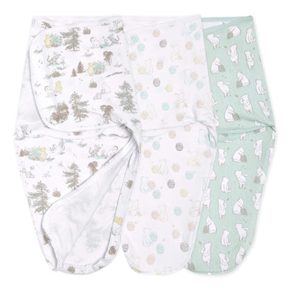 Aden + Anais Essentials Disney Baby Easy Swaddle 3-Pack featuring wrap swaddles with Winnie the Pooh designs in forest, honey pot, and green bear prints.