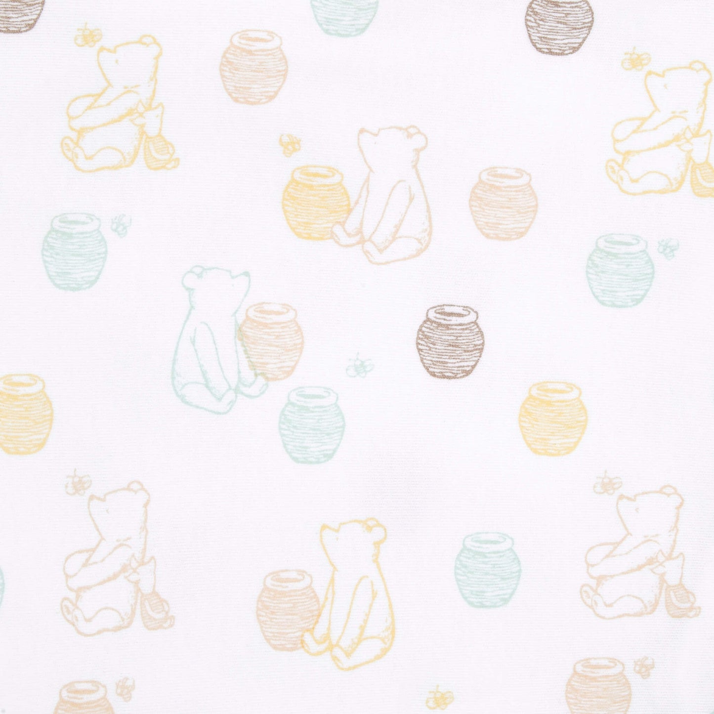 A detailed close-up of white fabric with sketch-style Winnie the Pooh figures sitting next to yellow, brown, green, and blue honey pots, with bees scattered throughout.