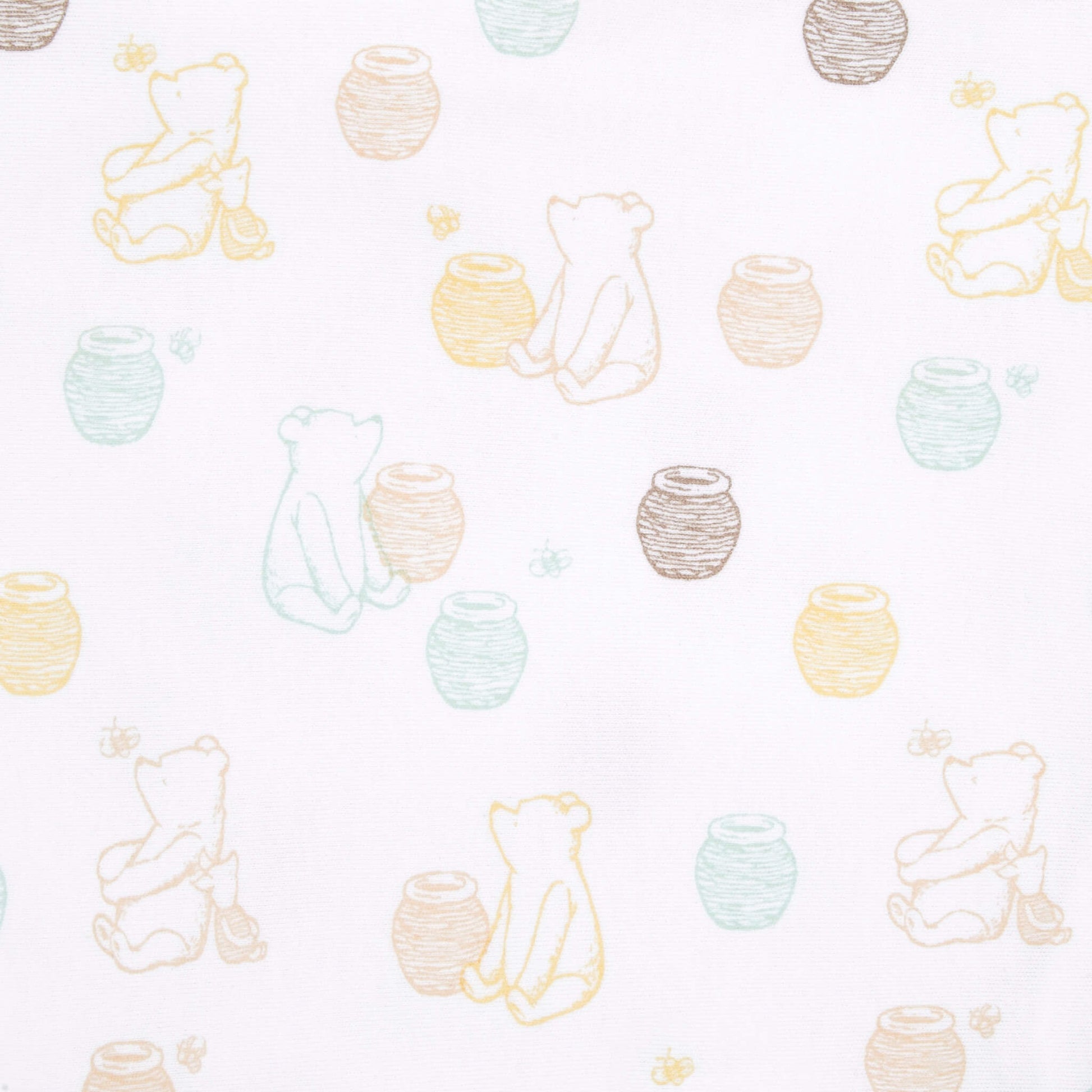 A detailed close-up of white fabric with sketch-style Winnie the Pooh figures sitting next to yellow, brown, green, and blue honey pots, with bees scattered throughout.