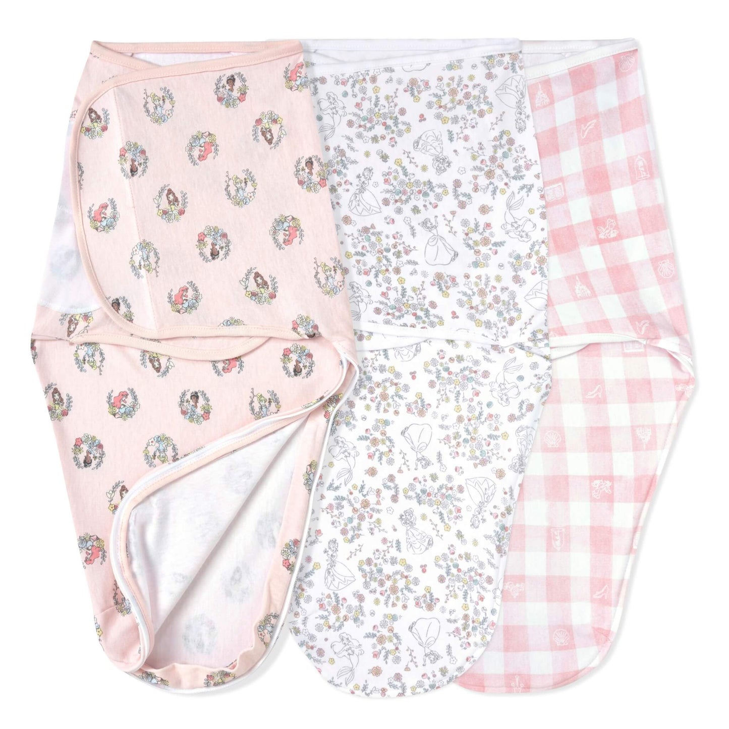 Aden + Anais Essentials Disney Baby Easy Swaddle 3-Pack featuring three wrap swaddles with Princess-themed prints in pink, white floral, and gingham.