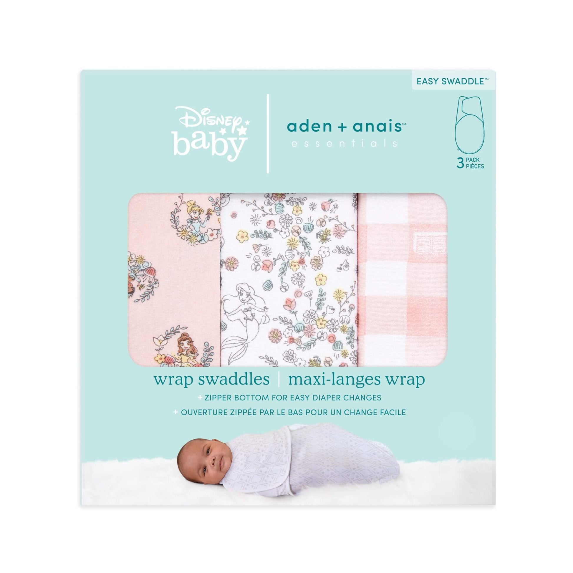 Retail packaging showing three folded swaddles inside a rectangular box. The box is turquoise with Disney Baby and aden + anais branding, and includes an image of a baby wrapped in a swaddle at the bottom.