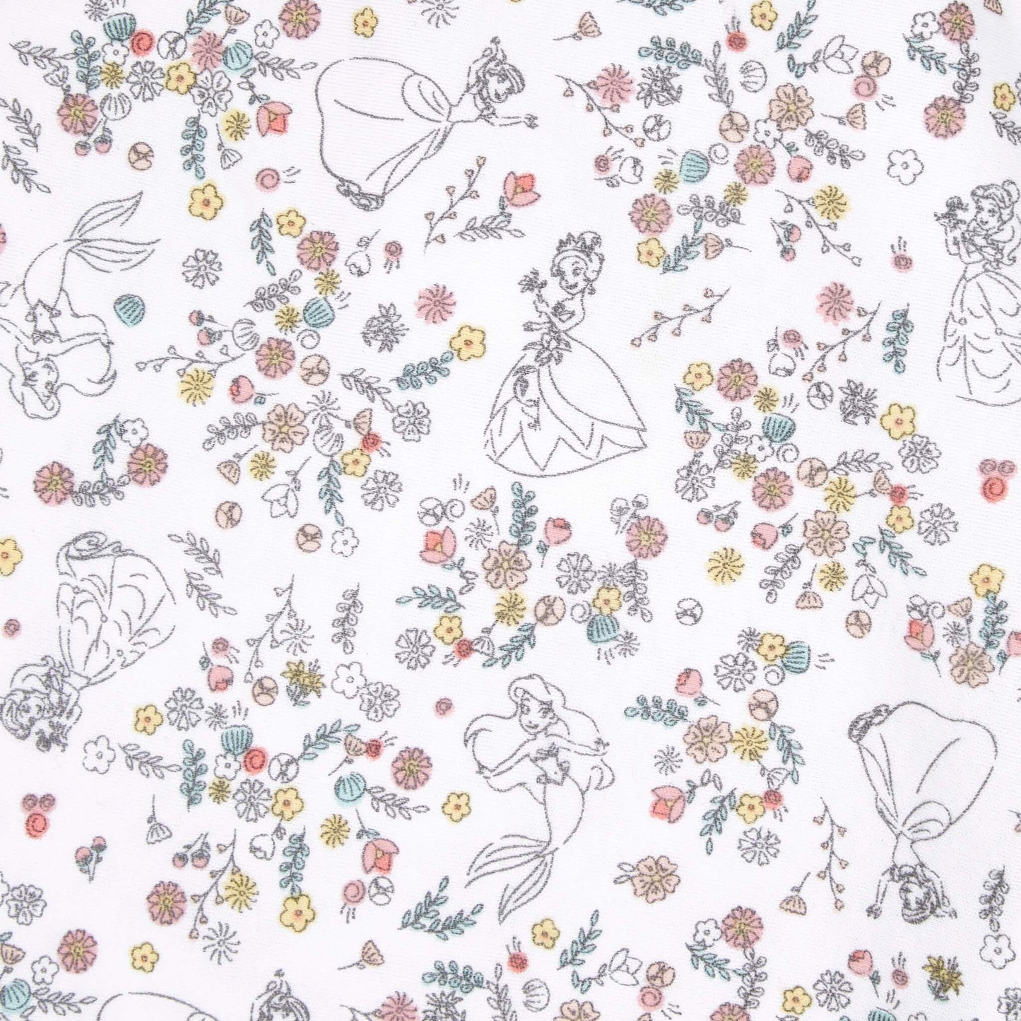 A close-up of the white swaddle fabric featuring fine line drawings of princesses such as Ariel and Tiana scattered among clusters of pastel flowers.