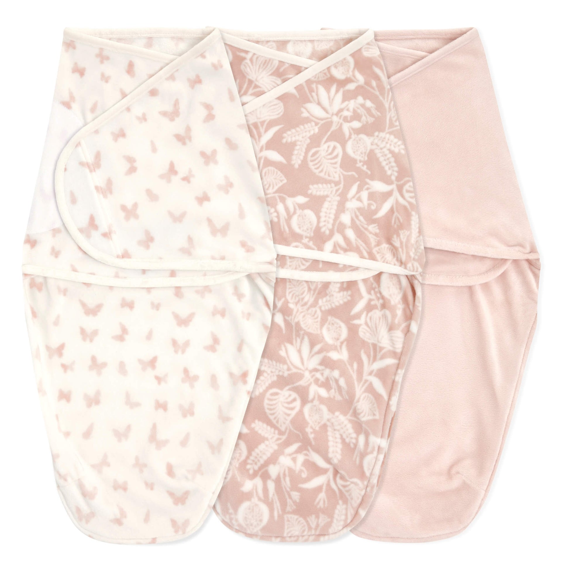 Set of three aden + anais Essentials Velboa Wrap Swaddles in soft pink garden-themed designs.