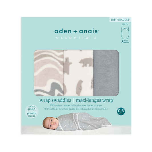 Retail packaging of aden + anais Essentials Velboa Swaddle Wrap 3-Pack in Little Woods.
