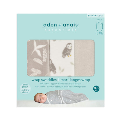 Retail packaging of aden + anais Velboa Wrap Swaddle 3-Pack in Rockland Marsh. Includes swaddles in wavy, bear, and grey designs.