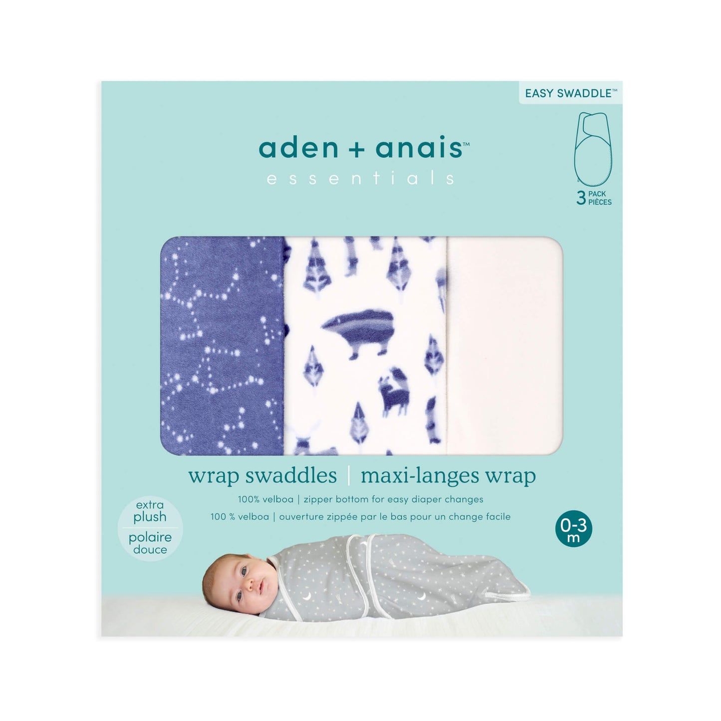 aden + anais Essentials Velboa Wrap Swaddle 3-Pack in Scandinavian Sky shown in retail packaging.