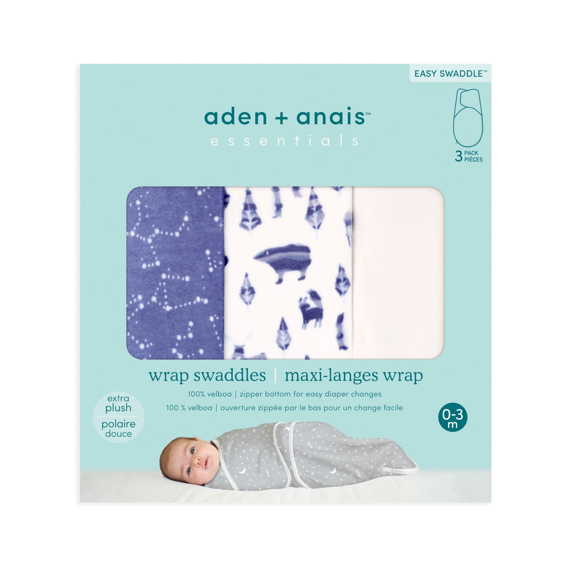 aden + anais Essentials Velboa Wrap Swaddle 3-Pack in Scandinavian Sky shown in retail packaging.