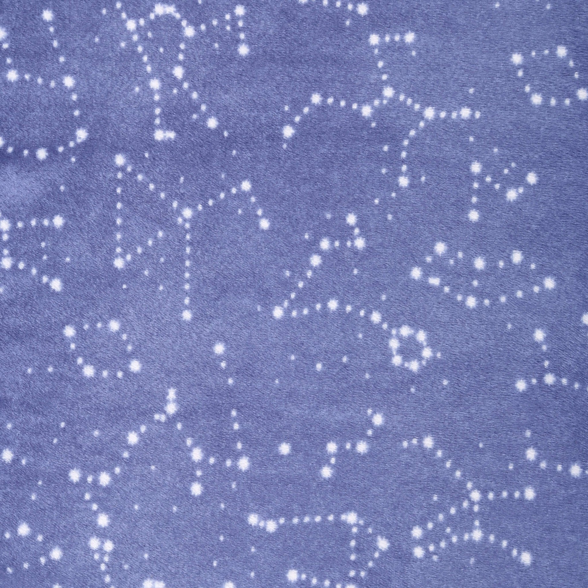 Close-up of navy constellation print on plush blue velboa fabric.