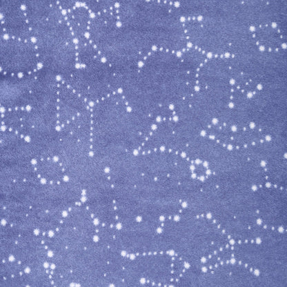 Close-up of navy constellation print on plush blue velboa fabric.