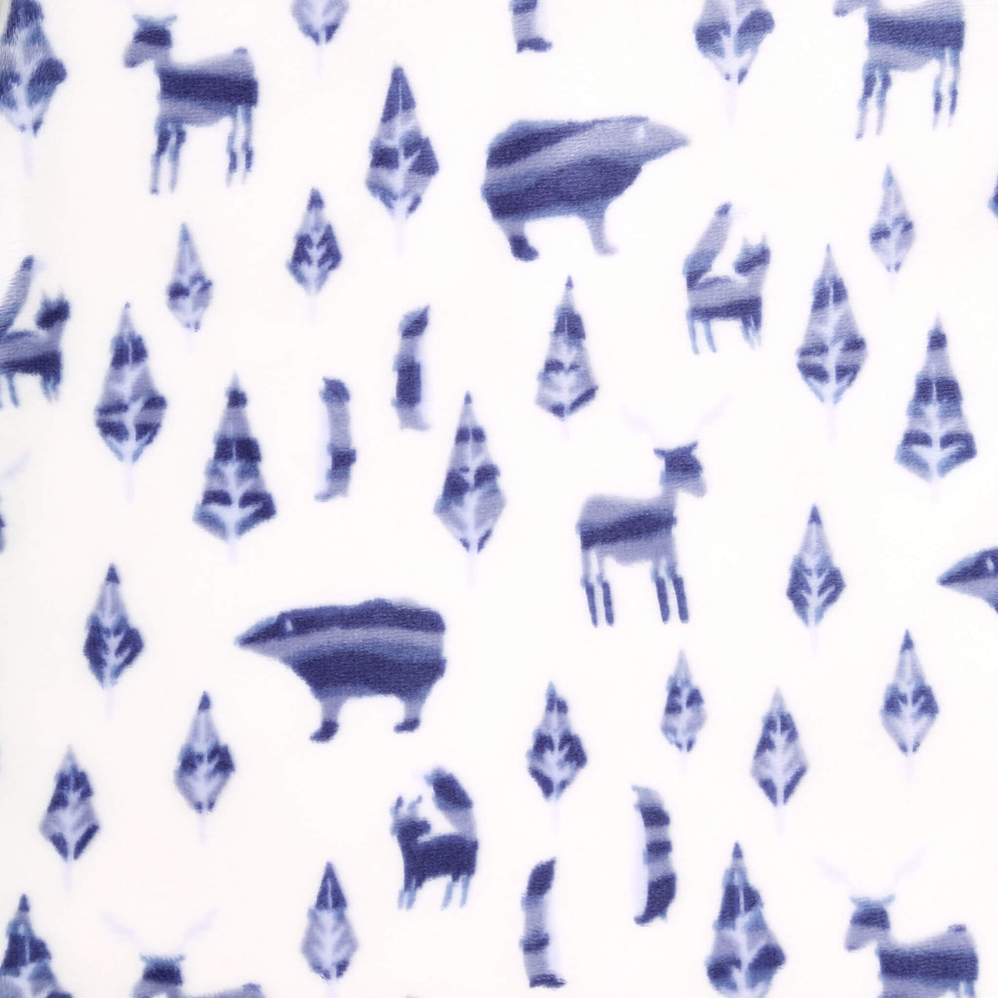 Close-up of blue woodland animals and trees printed on cream velboa fabric.