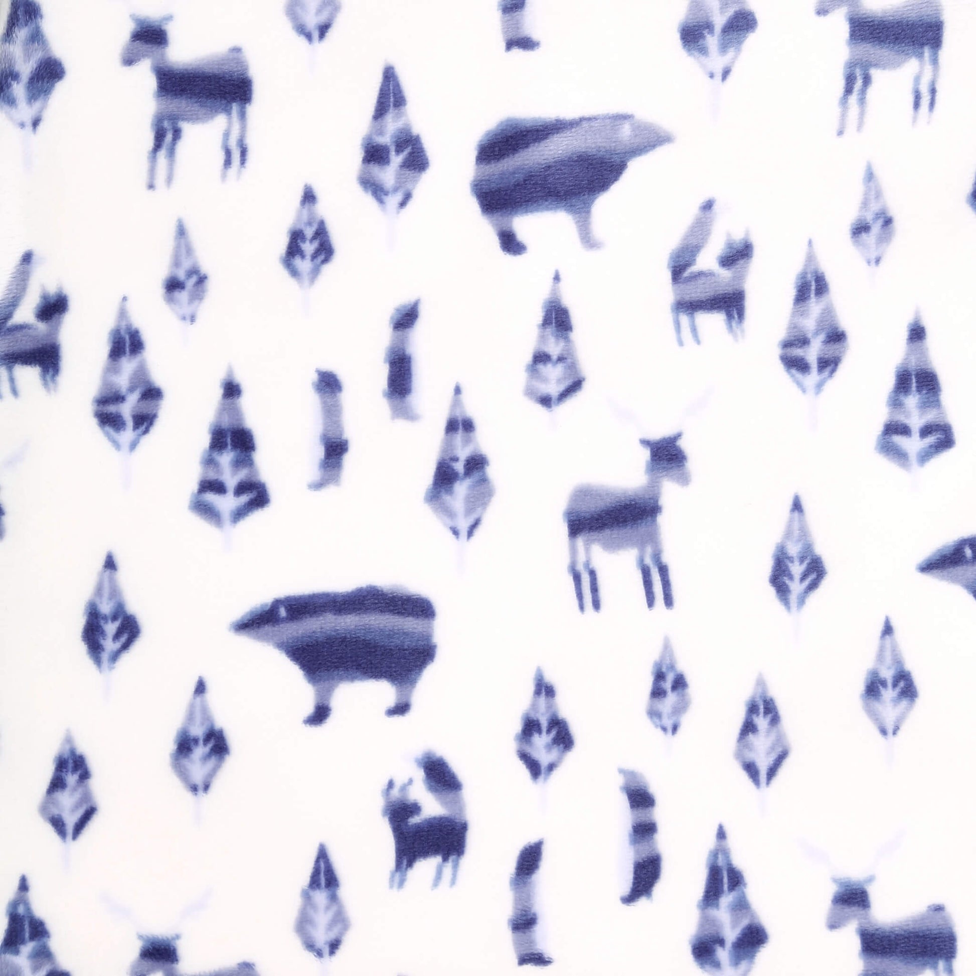 Close-up of blue woodland animals and trees printed on cream velboa fabric.