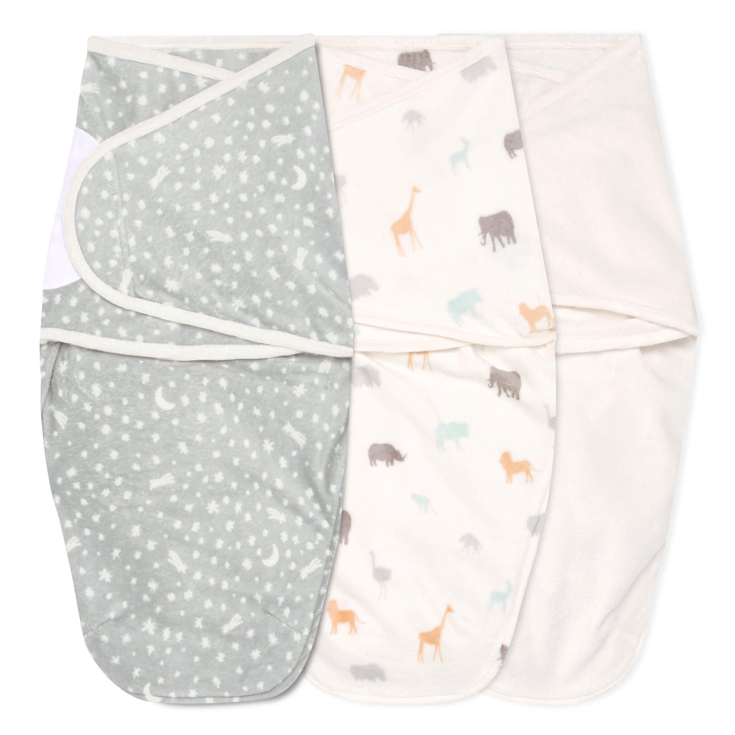 Flat lay of three velboa swaddles in Wild Prairie design with moonlit grey, safari animals, and solid cream styles.