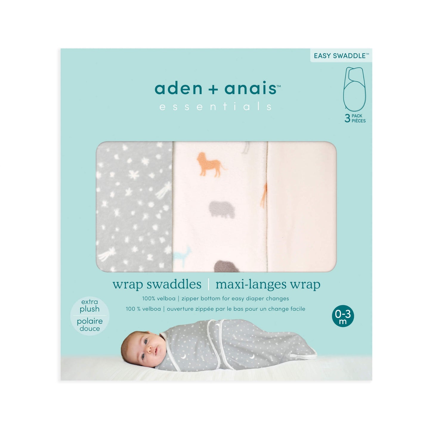 Product packaging for Wild Prairie swaddle set showing three folded swaddles through a window.