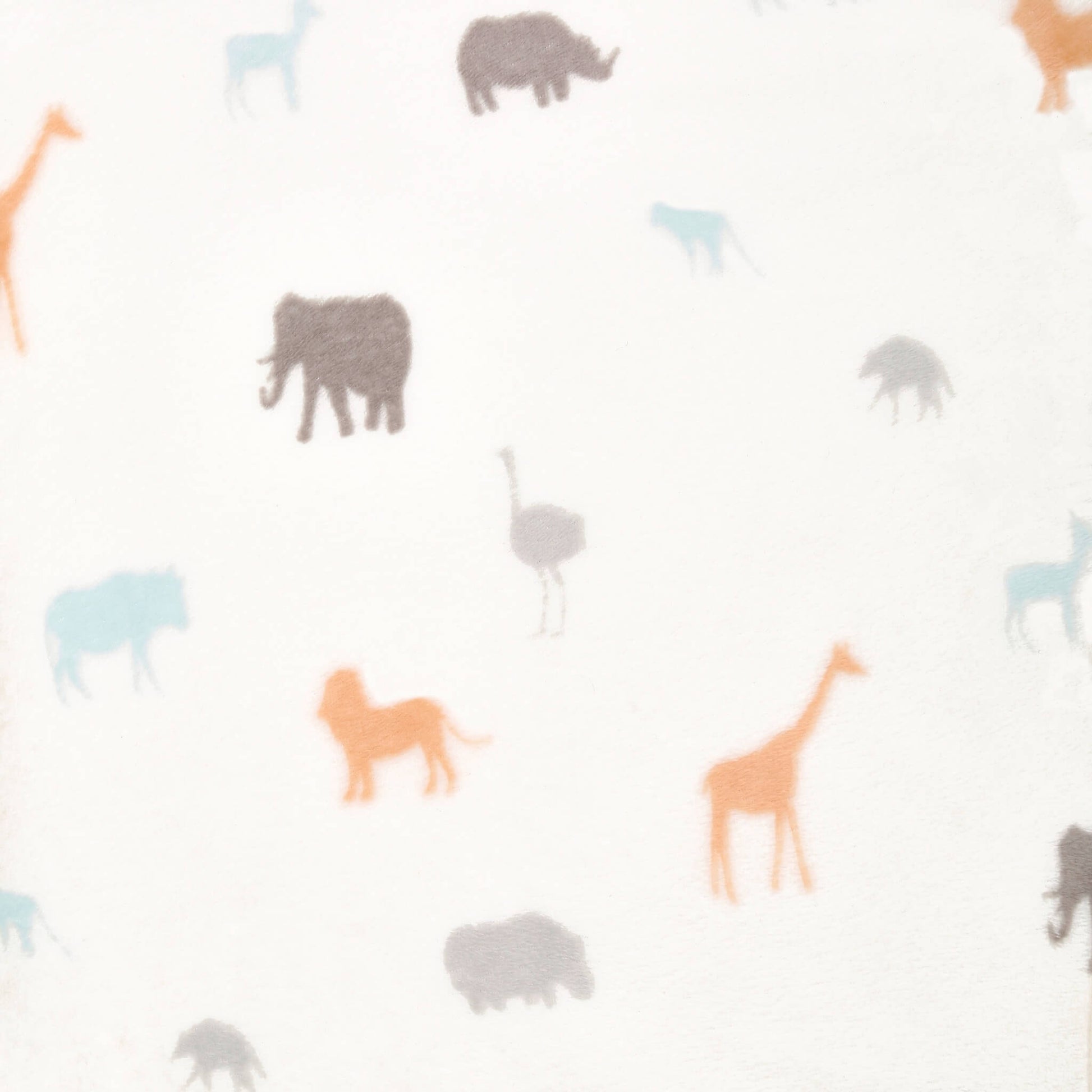 Close-up of swaddle fabric featuring softly coloured safari animals like lions, giraffes, and elephants.