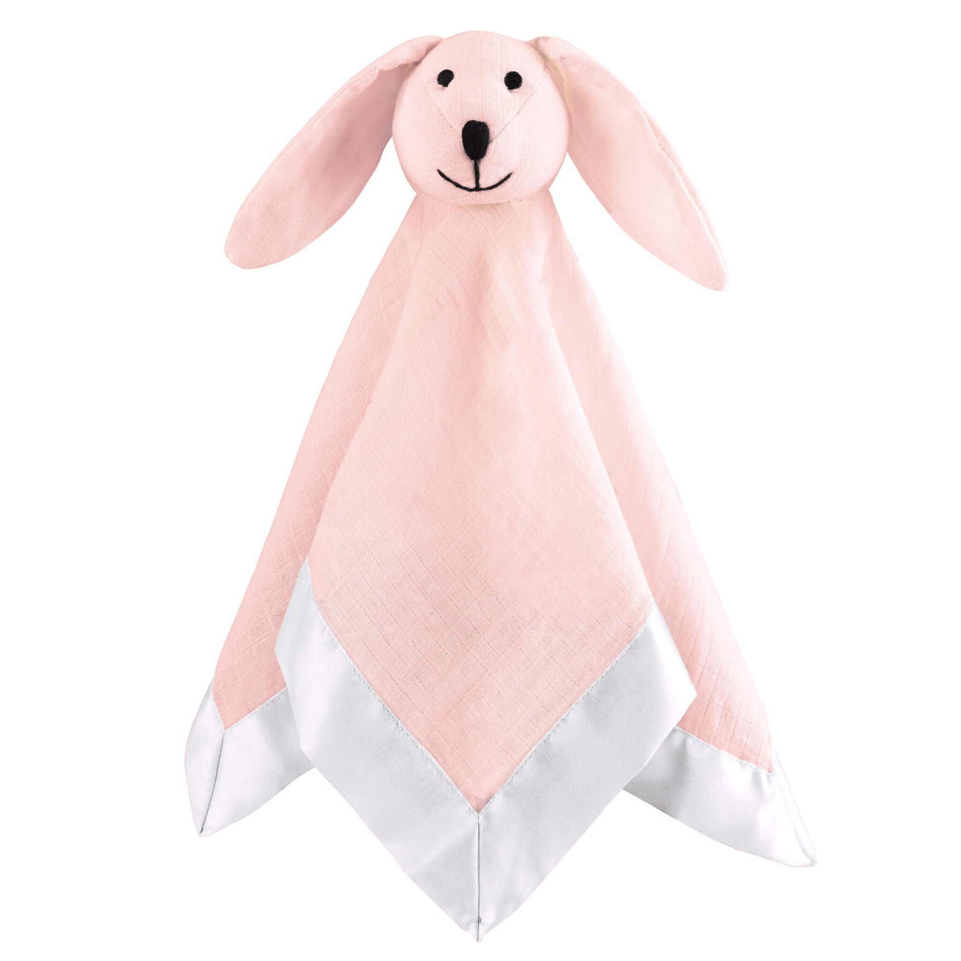 aden + anais musy mate lovey in pink mist. Soft cotton muslin comforter with satin trim and plush head for cuddles and soothing.