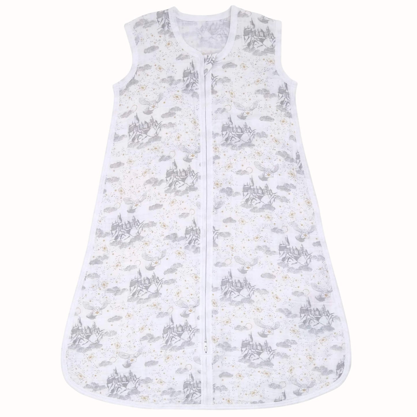 White sleeveless baby sleeping bag in breathable cotton muslin with grey Harry Potter castle, owl and cloud print and a front zip fastening.