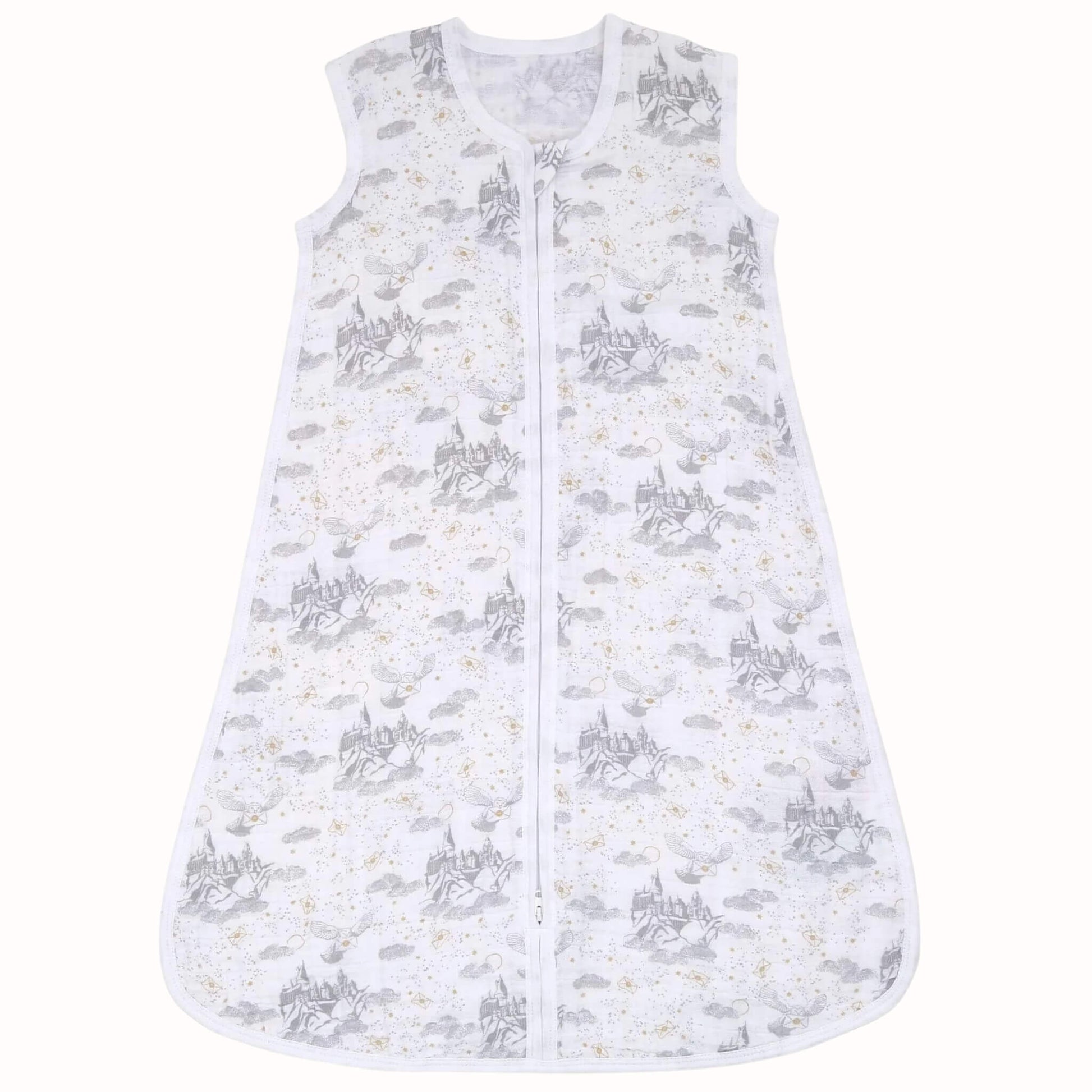 White sleeveless baby sleeping bag in breathable cotton muslin with grey Harry Potter castle, owl and cloud print and a front zip fastening.