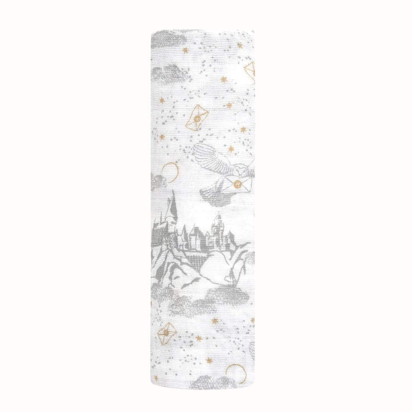 Rolled cotton muslin square featuring grey Hogwarts castle illustrations, owls, clouds and scattered gold stars on a white background.