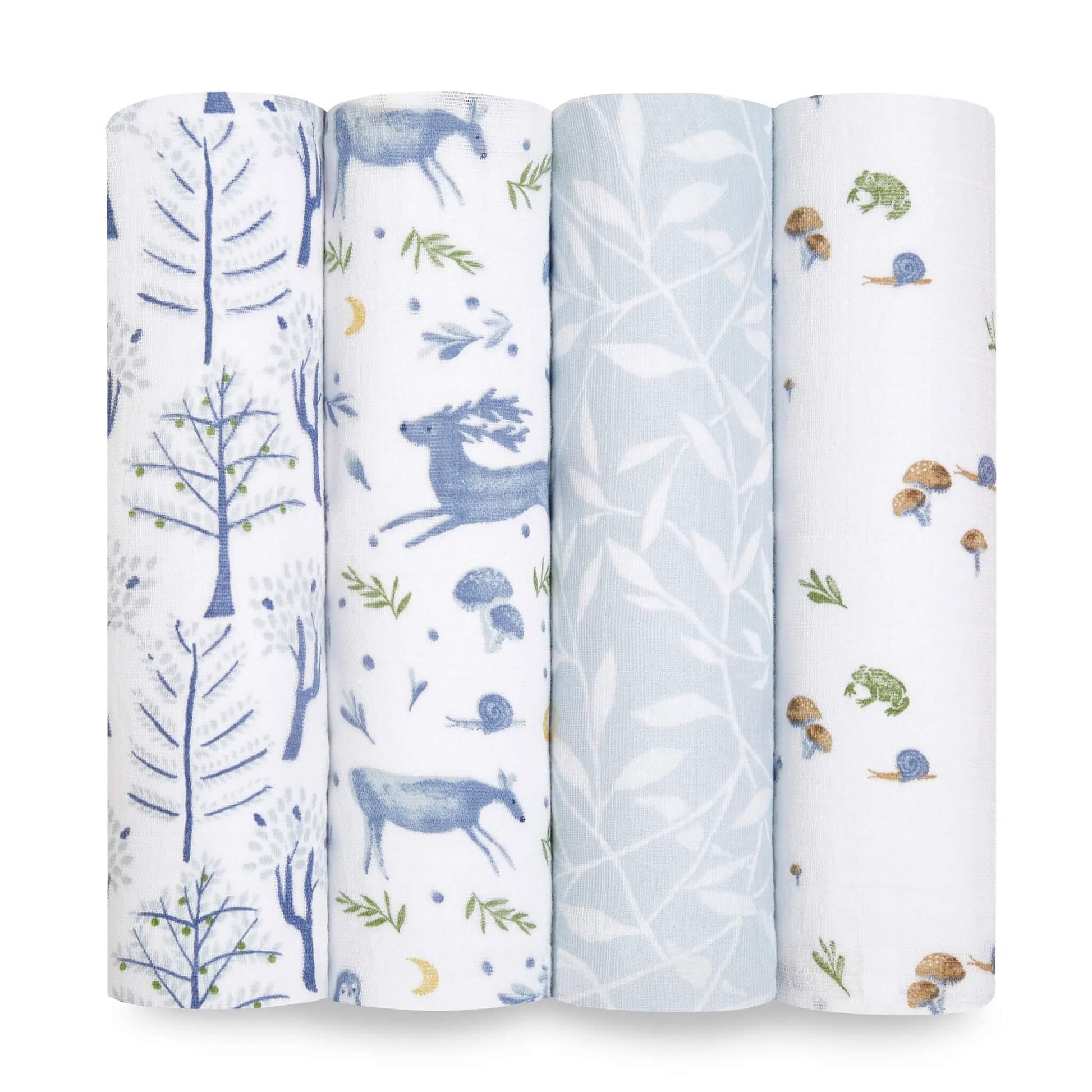 aden + anais organic cotton muslin swaddles in Outdoors set featuring deer, trees, foliage and forest animals.