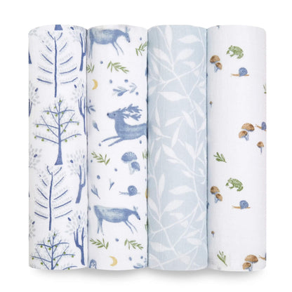 aden + anais organic cotton muslin swaddles in Outdoors set featuring deer, trees, foliage and forest animals.