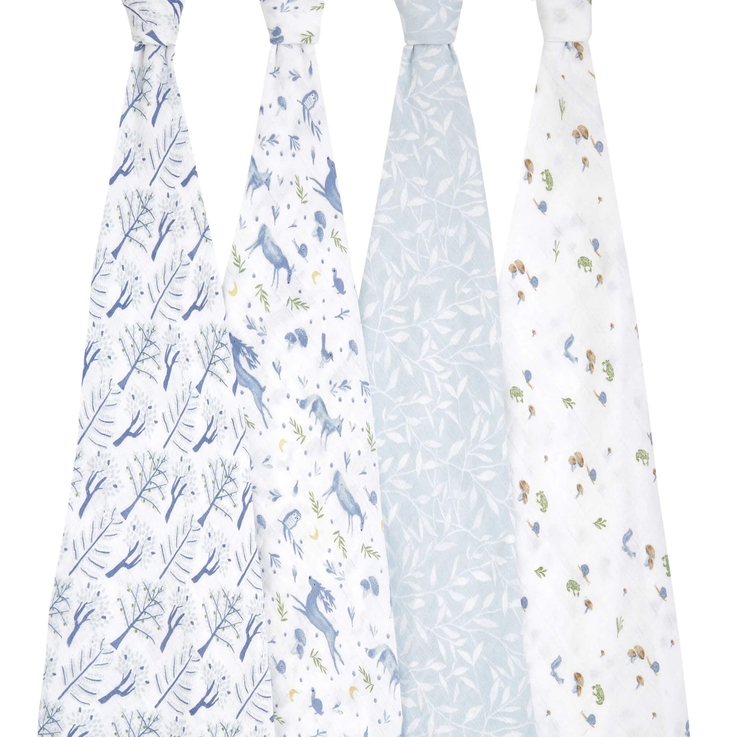aden + anais Outdoors muslin swaddle blankets shown in full with forest-inspired prints on soft organic cotton.