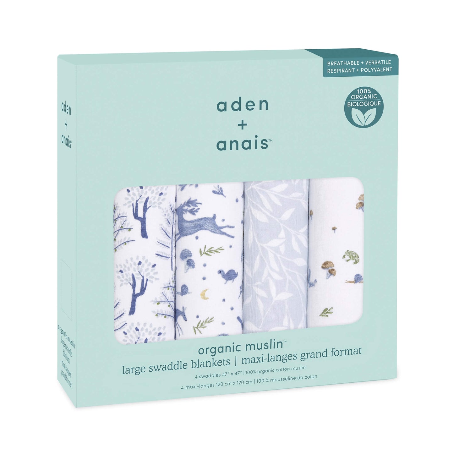 aden + anais organic cotton swaddles 4 pack in Outdoors design packaged in signature mint green gift box.