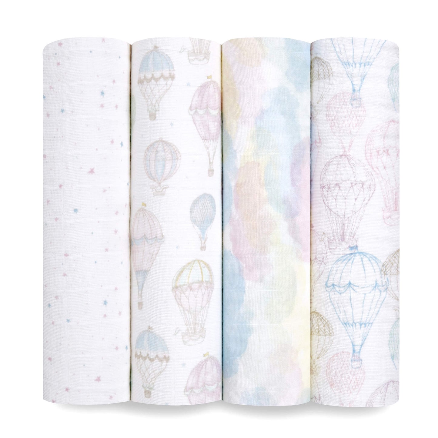 Set of four rolled aden + anais organic muslin swaddle blankets in soft pastel cloud and hot air balloon prints. GOTS certified and made from 100% organic cotton.