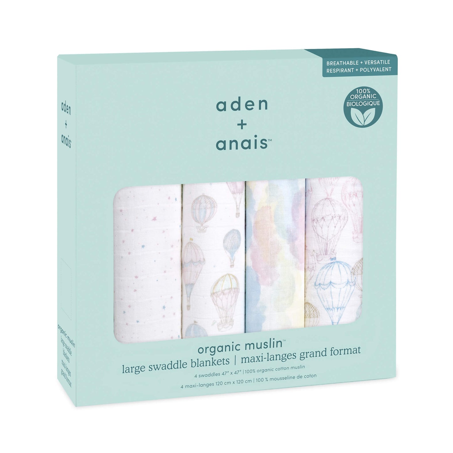Gift-ready box of four aden + anais organic muslin swaddle blankets in Above the Clouds print. GOTS certified baby blankets made from 100% organic cotton muslin.