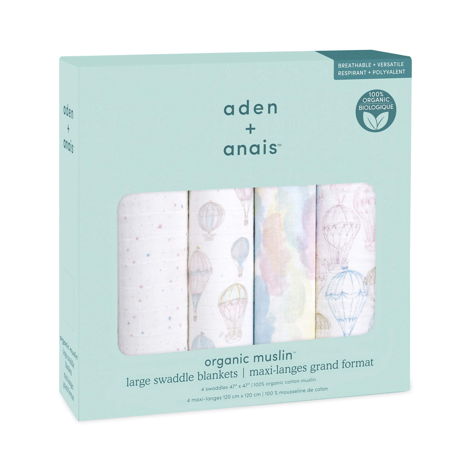 Gift-ready box of four aden + anais organic muslin swaddle blankets in Above the Clouds print. GOTS certified baby blankets made from 100% organic cotton muslin.