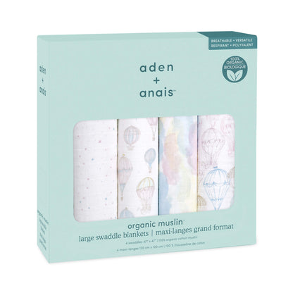 Gift-ready box of four aden + anais organic muslin swaddle blankets in Above the Clouds print. GOTS certified baby blankets made from 100% organic cotton muslin.