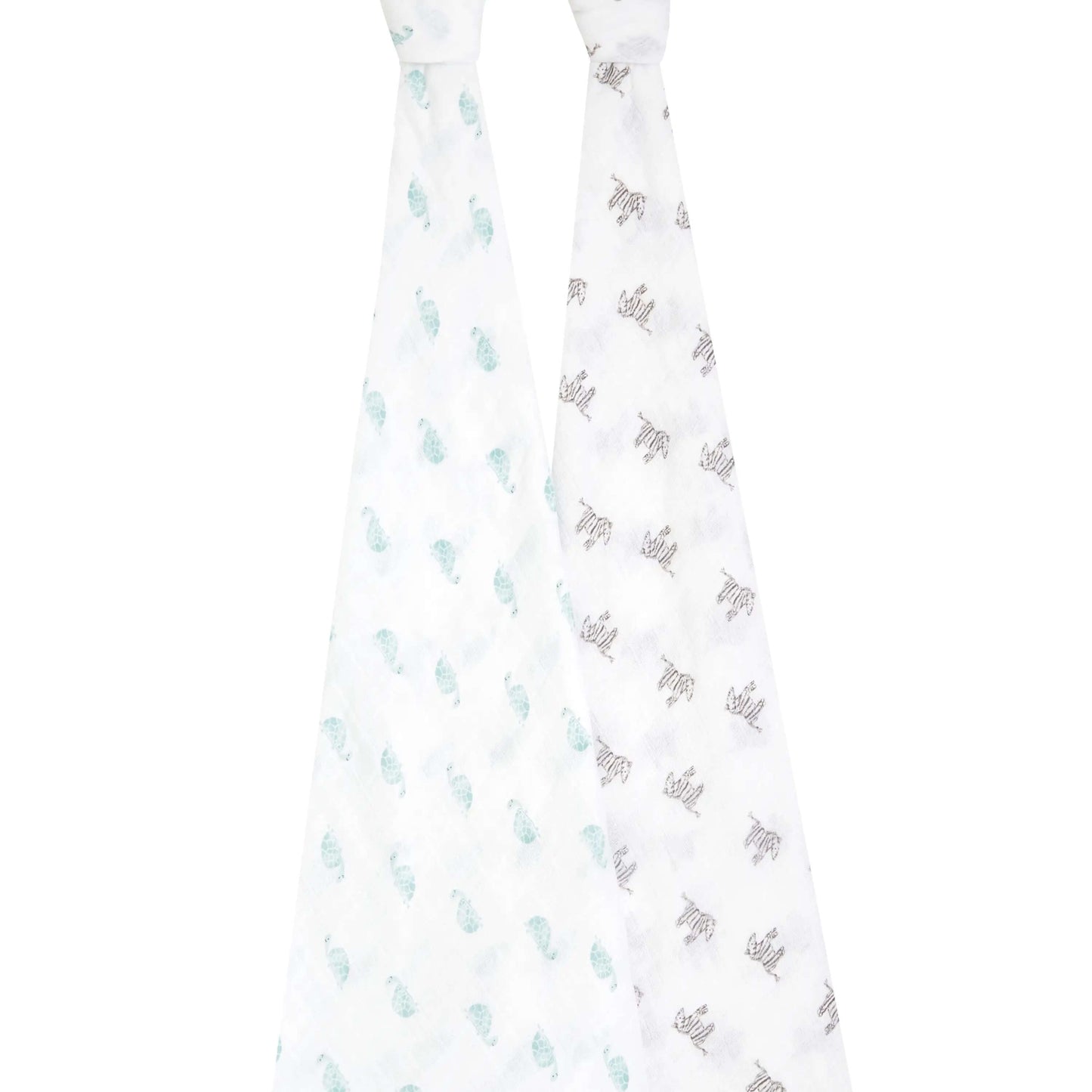Full view of aden + anais 2-pack organic swaddles hanging side by side, with playful turtle and zebra hand-drawn prints.