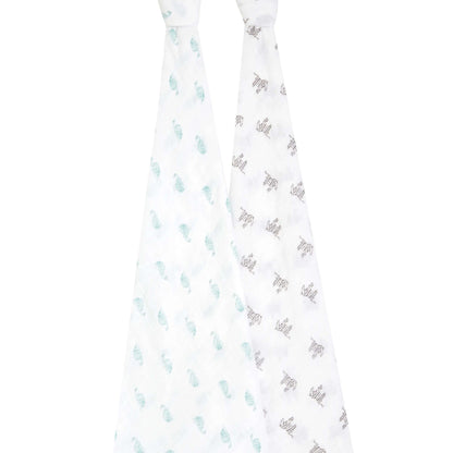 Full view of aden + anais 2-pack organic swaddles hanging side by side, with playful turtle and zebra hand-drawn prints.