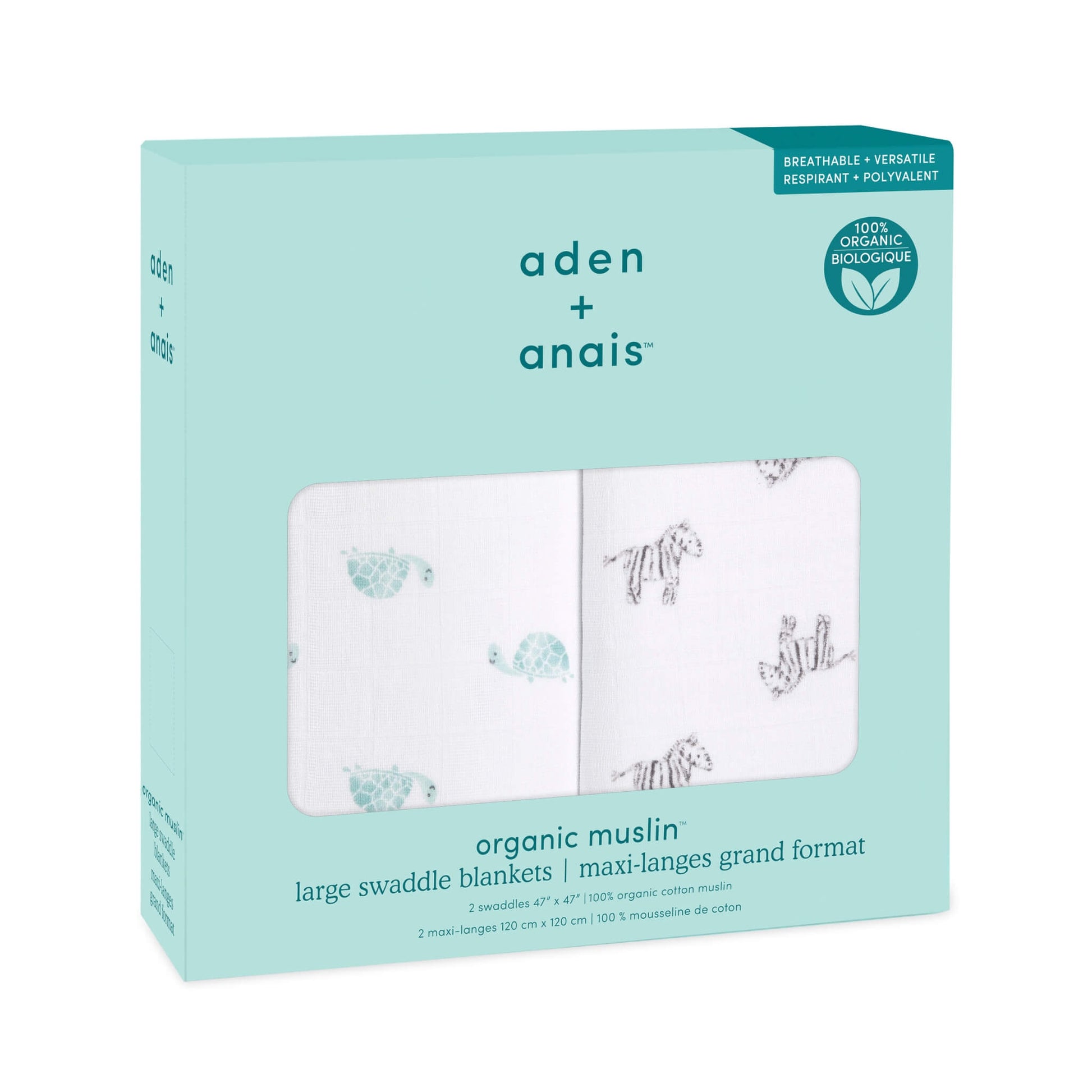 Aden + anais Animal Kingdom swaddle set in signature teal box, showcasing the turtle and zebra prints through the window.