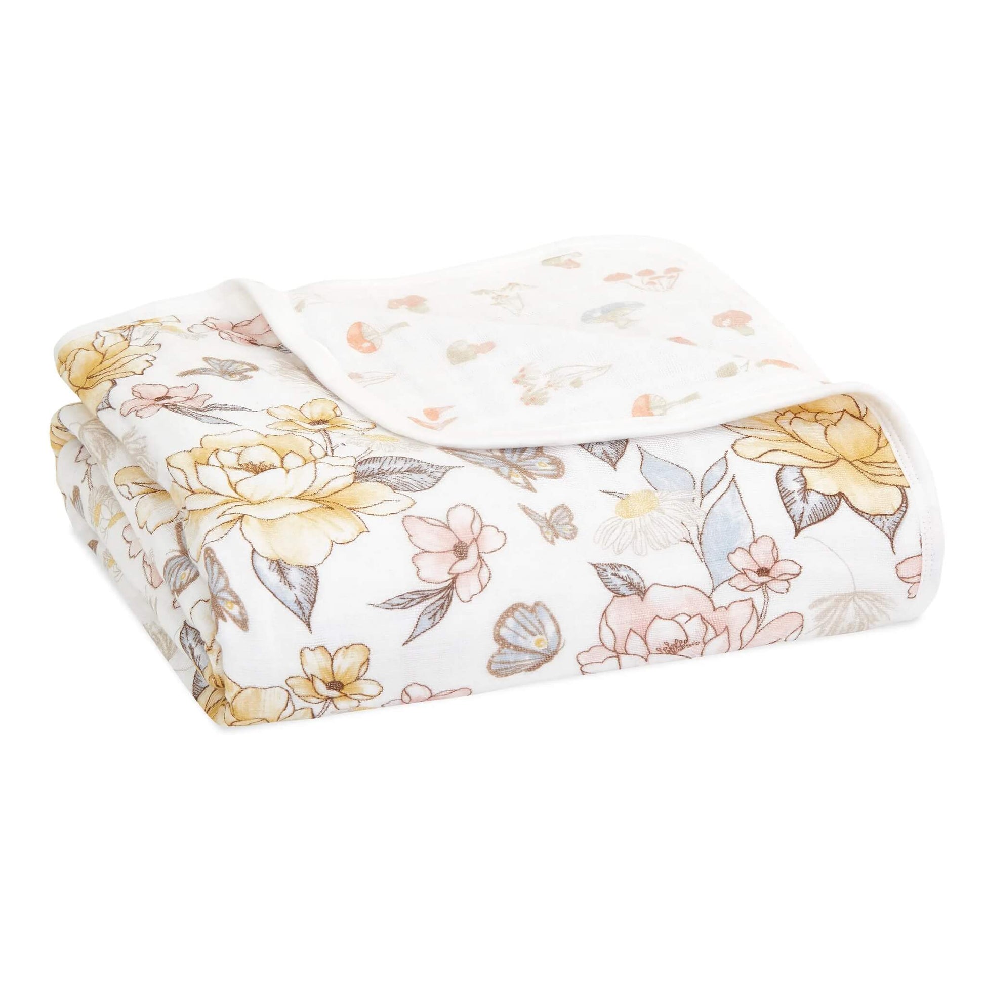 aden + anais organic muslin baby blanket folded neatly, showing soft floral and butterfly print in muted earthy tones. Made from breathable cotton muslin.