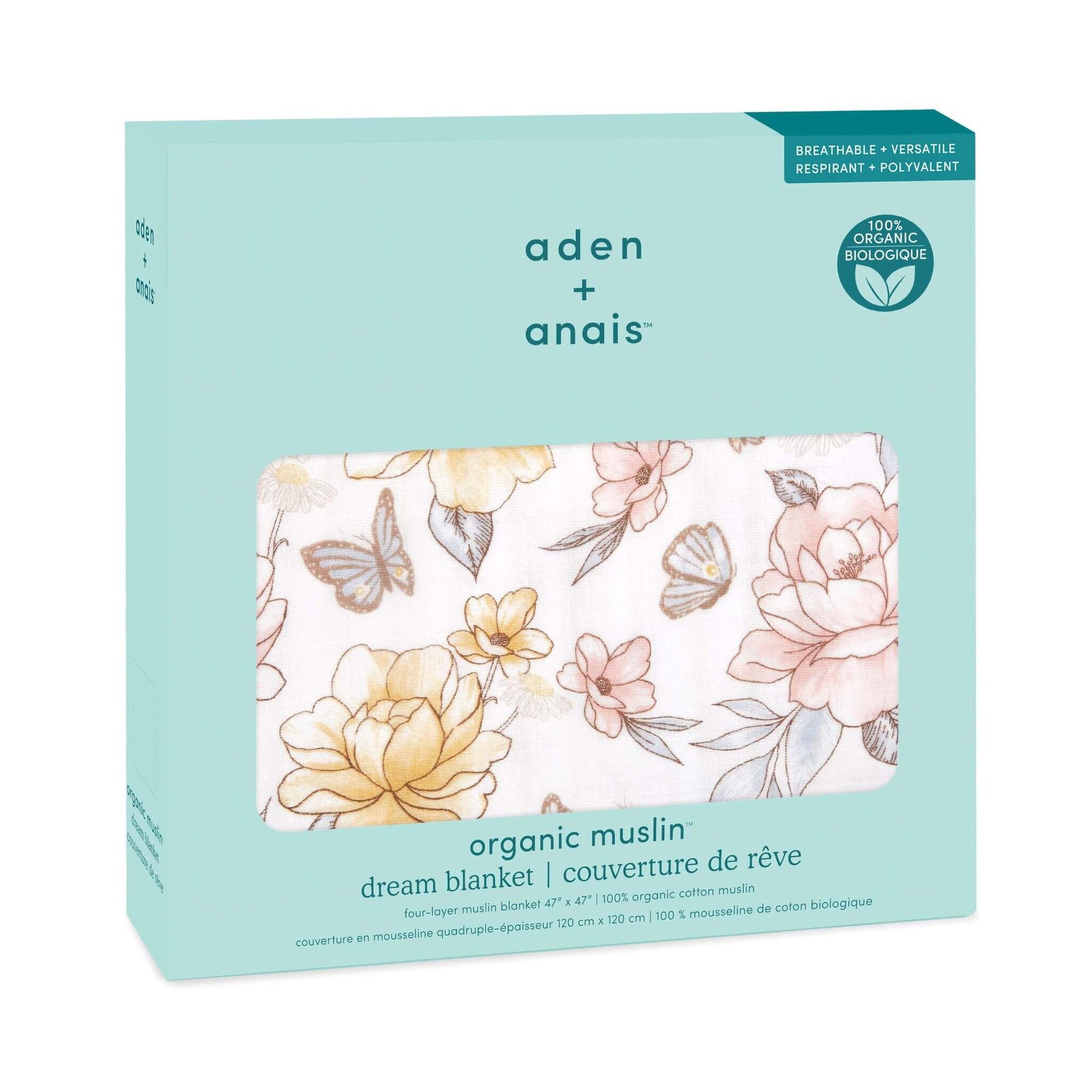 aden + anais organic cotton dream blanket in retail packaging. Features floral butterfly print and GOTS certified label on mint green box.